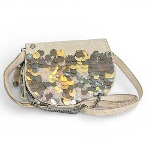 Replay Cream Metal Iridescent Disc Chain Distressed Steampunk Shoulder Bag